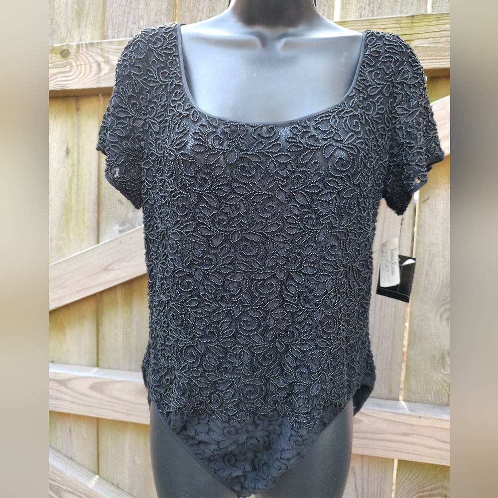 🏵️ Carmen Marco Valvo VTG Beaded Lace Black Bodysuit NWT